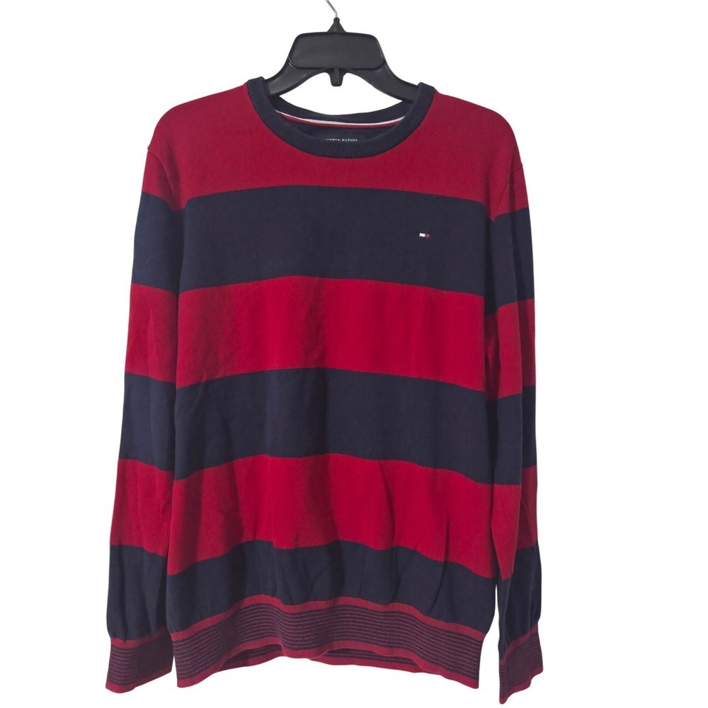 Tommy Hilfiger Men's Red Navy Blue Striped Crew Neck Sweater Size L